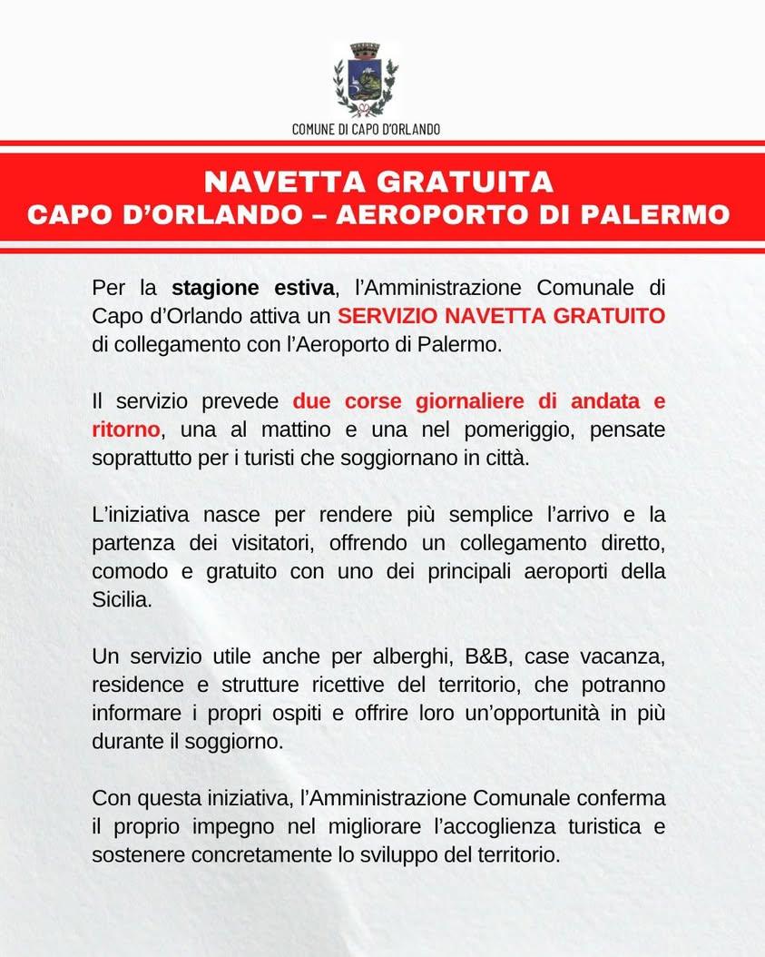 L'Amministrazione Comunale di Capo d'Orlando comunica l'attivazione, per la stagione estiva, del servizio navetta gratui...