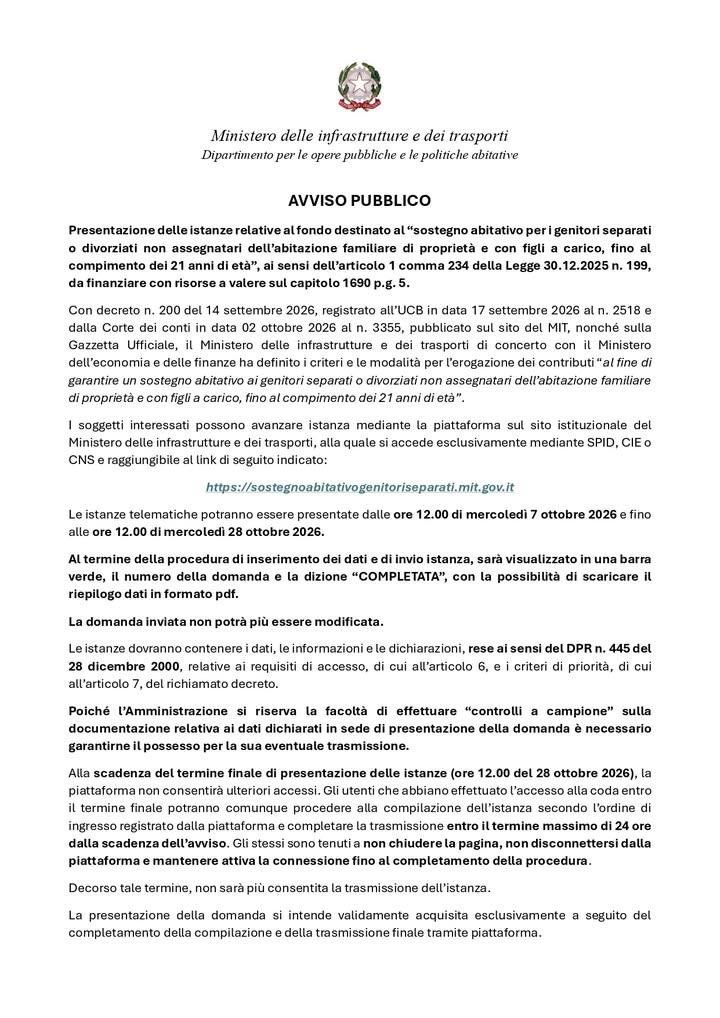 CONTRIBUTO PER IL SOSTEGNO ABITATIVO AI GENITORI SEPARATI O DIVORZIATI MINISTERO  DELLE INFRASTRUTTU