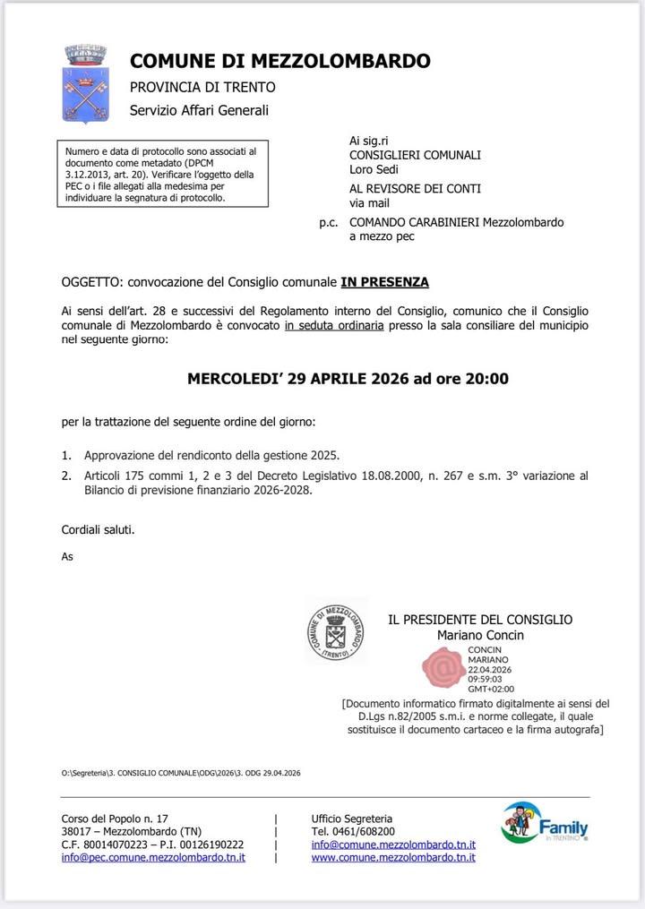 🗣️ CONVOCAZIONE CONSIGLIO COMUNALE  È convocata per oggi una nuova seduta del Consiglio comunale di Mezzolombardo. 👥.....