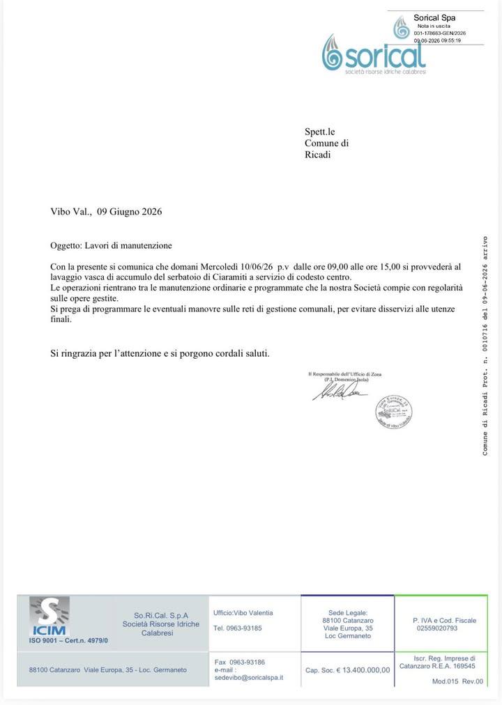 Avviso : domani Mercoledì 10/06/26 p.v dalle ore 09,00 alle ore 15,00 si provvederà al lavaggio vasca di accumulo del se...