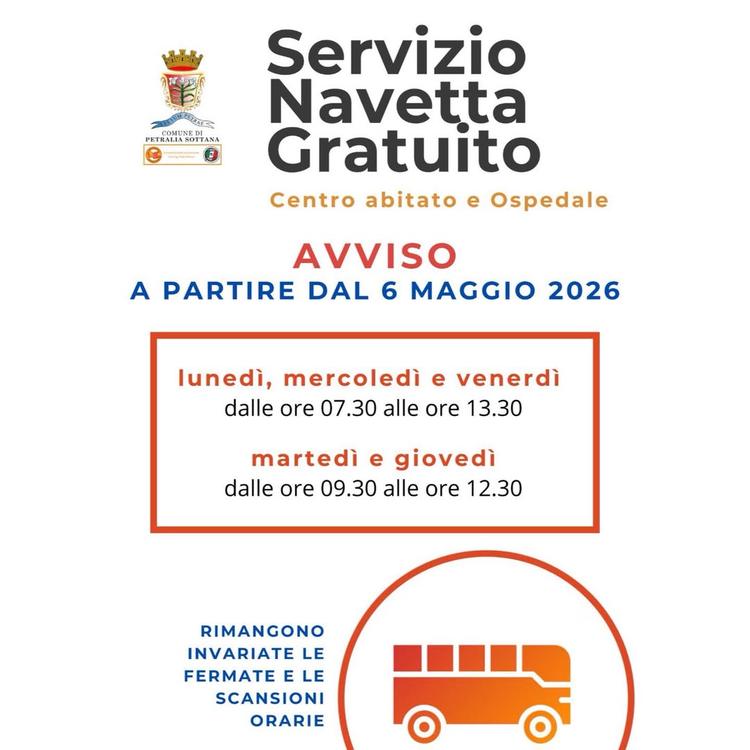 🚍 AVVISO ALLA CITTADINANZA  Da MERCOLEDI 6 MAGGIO 2026 sono Attivi i nuovi giorni e orari della navetta. 💶Il servizio...