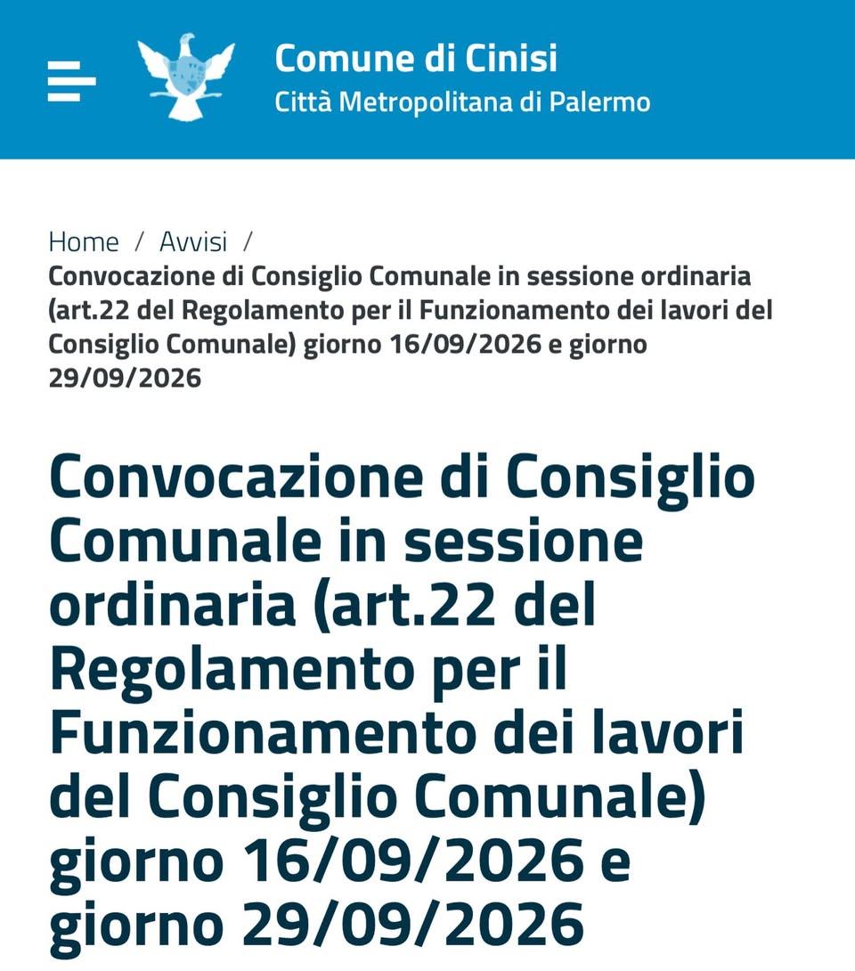 🏛️ CONSIGLIO COMUNALE – 29 SETTEMBRE 2026 Si informa la cittadinanza che oggi, martedì 29 settembre 2026, alle ore 19:0...