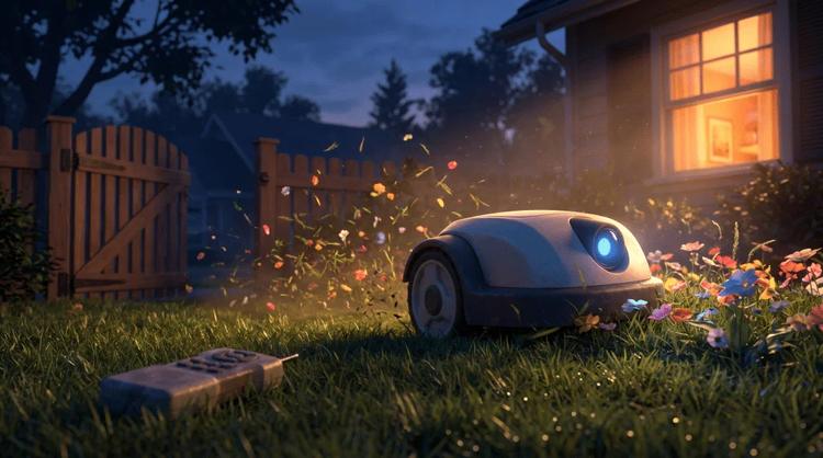 Mähroboter mäht abends Blumenwiese vor beleuchtetem Haus