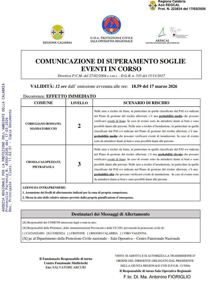 🚨 ALLERTA METEO – COMUNE DI PIETRAPAOLA 🚨 Si informa la cittadinanza che è stata diramata una comunicazione di superam...
