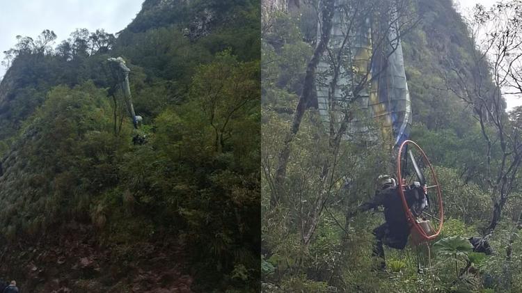 Piloto de paramotor fica preso em árvore ao tentar passar por fenda na Serra do Corvo Branco; VÍDEO