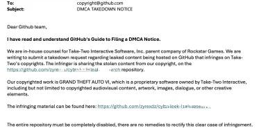 a screenshot of a dmca takedown notice sent to github