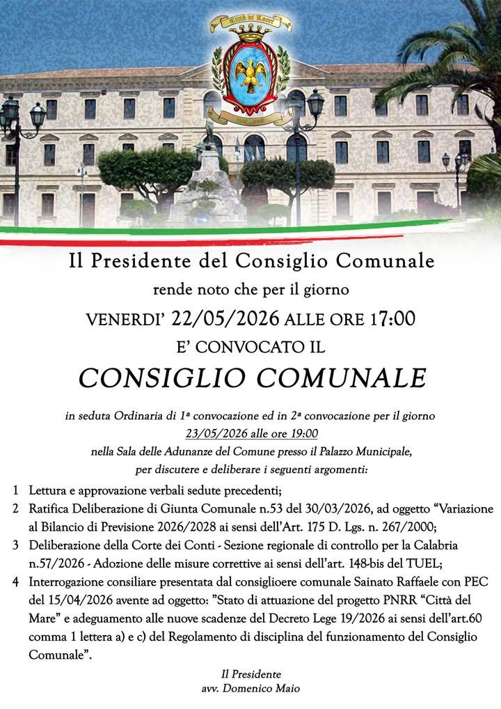 🟢 CONVOCAZIONE CONSIGLIO COMUNALE 🔴 ➡️ Venerdì 2️⃣2️⃣ maggio 2026 ore 17:00 ✅ 4 i punti all'OdG.