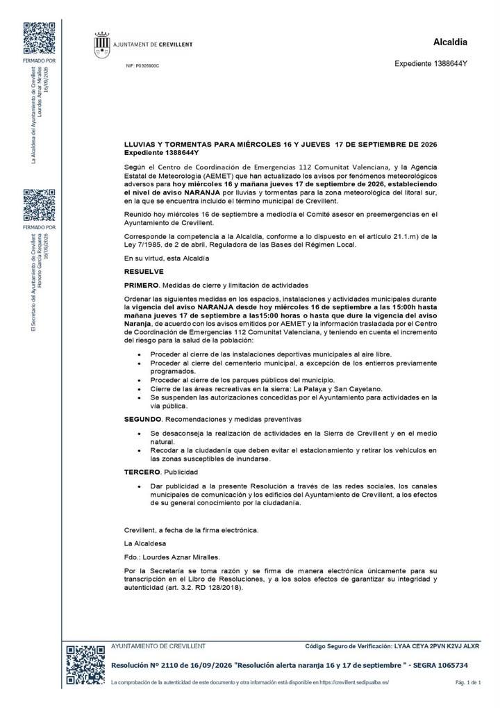 MEDIDAS ANTE EL AVISO NARANJA POR LLUVIAS