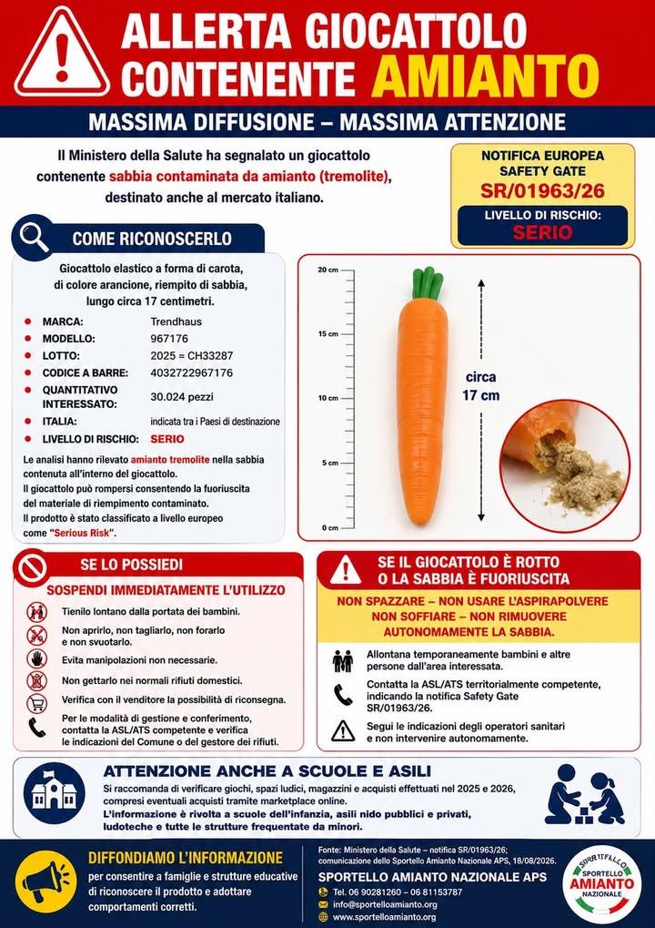 ALLERTA PER GIOCATTOLO CONTENENTE AMIANTO Il Ministero della Salute ha segnalato un giocattolo elastico a forma di carot...