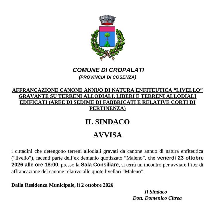 📢 AVVISO PUBBLICO – Quote livellari Maleno Si informano i cittadini che detengono terreni allodiali gravati da canone e...