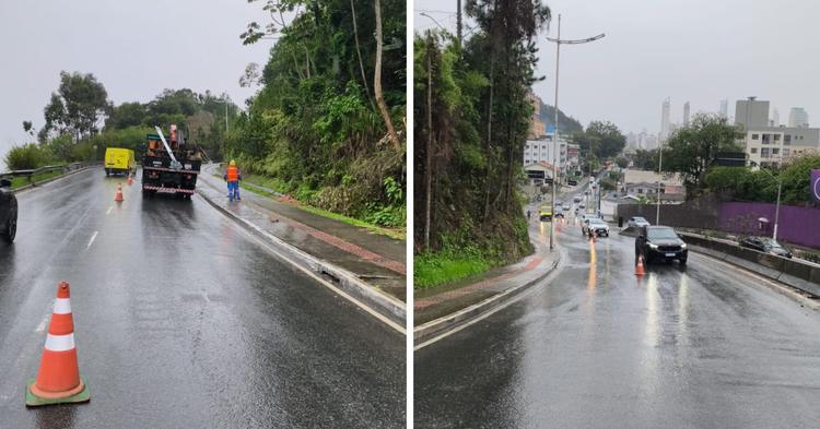 Instalação de postes interdita uma faixa da Avenida Panorâmica em Balneário Camboriú