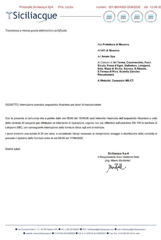 ⚠️ -🚱ATTENZIONE AVVISO INTERRUZIONE IDRICA 15 GIUGNO Siciliacque ha reso noto che a partire dalle ore 8:00 del 15 giugn...