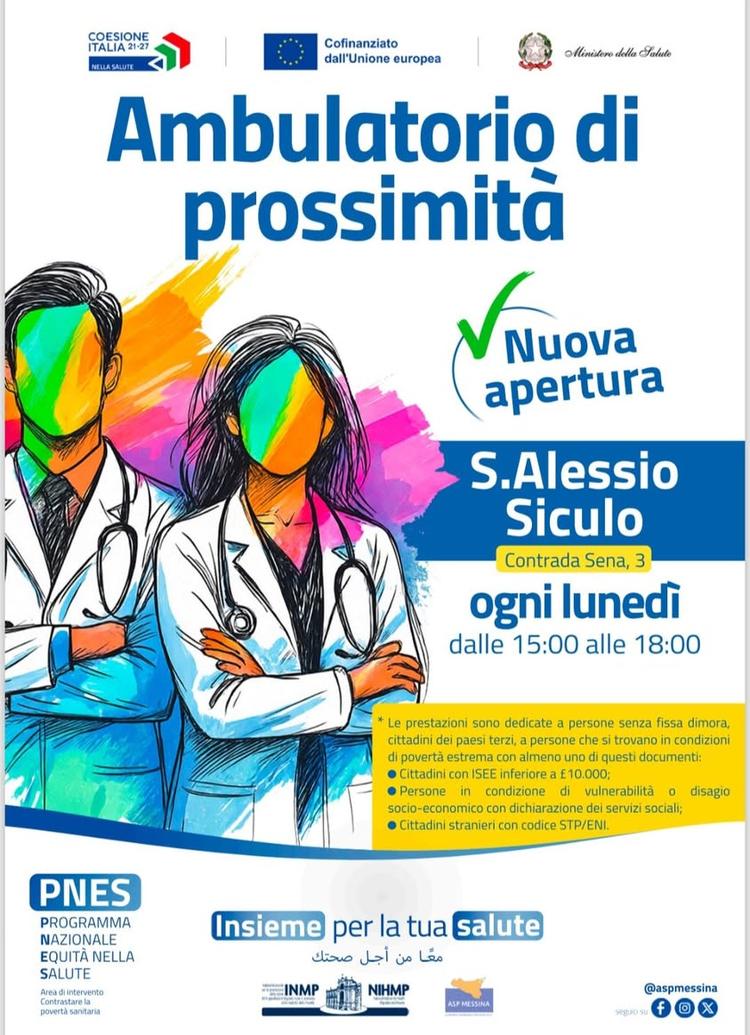 APERTURA AMBULATORIO DI PROSSIMITÀ Un nuovo servizio è stato attivato presso la struttura di Sant'Alessio Siculo. Le pre...