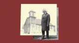 A collage of a church building with a cutout figure of Frederick Douglass.