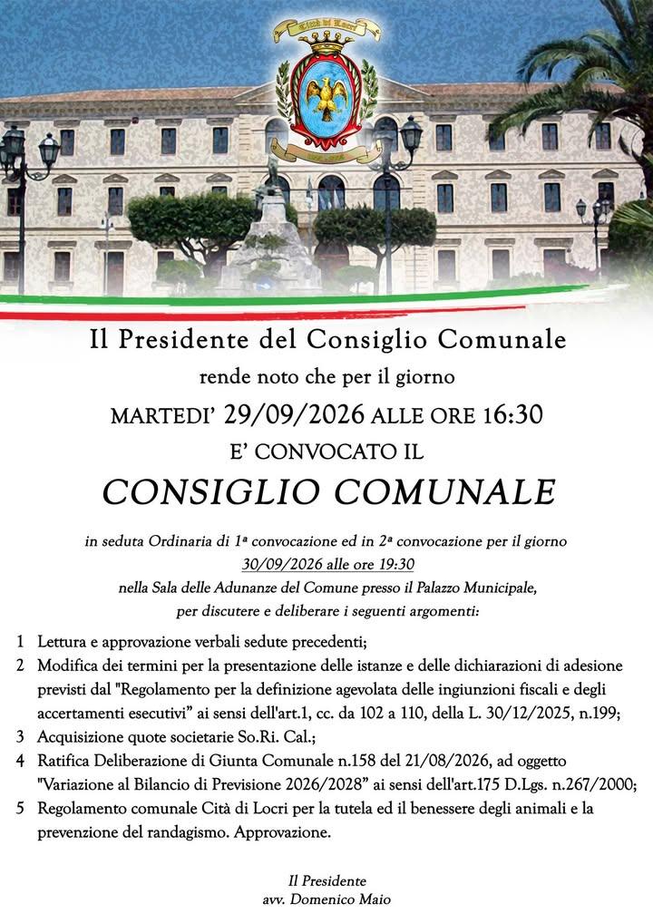 🟢 CONVOCAZIONE CONSIGLIO COMUNALE 🔴 ➡️ Martedì 2️⃣9️⃣ settembre 2026 ore 16:30 ✅ 5 i punti all'OdG.