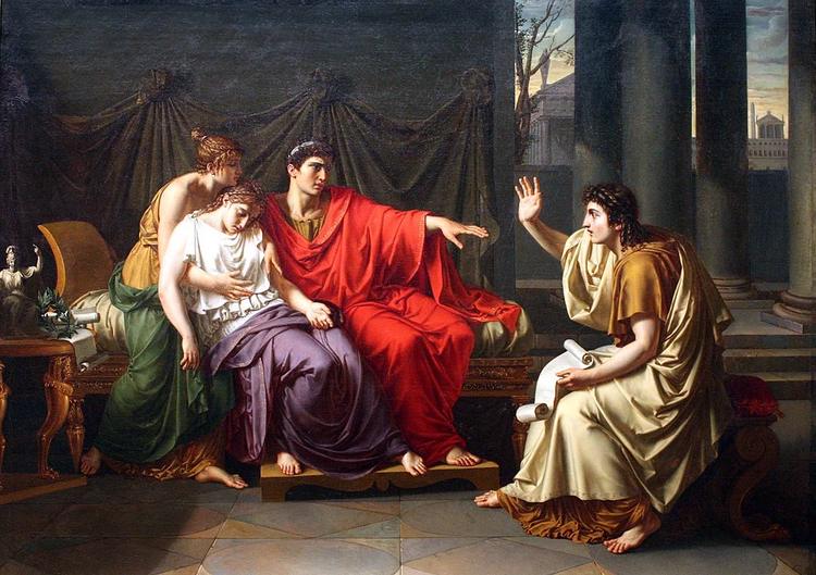 Virgil reads excerpts of the Aeneid to Roman Emperor Augustus, his sister Octavia, and his wife Livia, with the group seated in a grand, classical interior, reflecting solemn emotions.