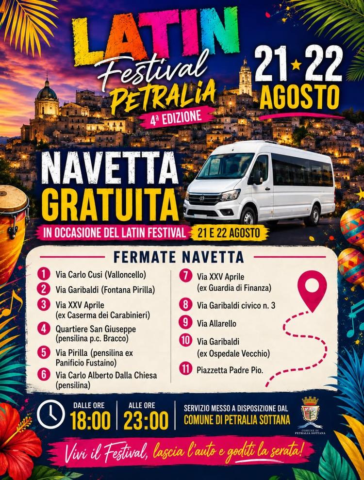 🚌🌴 AL LATIN FESTIVAL… ARRIVARE IN CENTRO È ANCORA PIÙ FACILE! In occasione del Latin Festival Petralia, il Comune di P...
