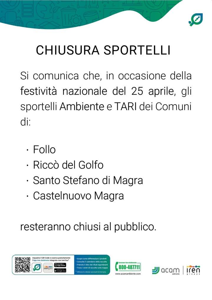 Avviso alla cittadinanza. Chiusura sportelli Ambiente e TARI il 25 aprile.  Il centro di raccolta di Vedicella e lo spor...