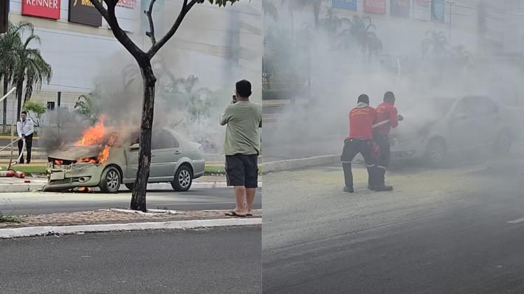 Vídeo: carro pega fogo na Av. Raul Lopes e equipe de emergência de shopping apaga incêndio; veículo fica parcialmente destruído