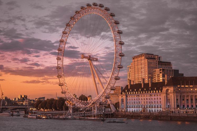 London Eye at sunset with County Hall behind
