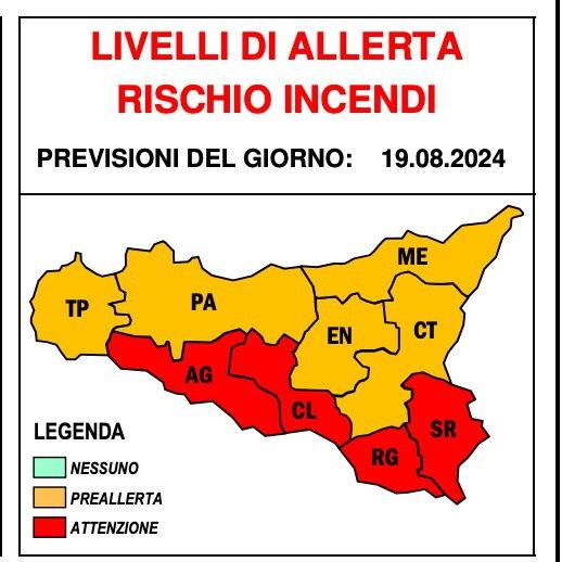 Domani, lunedì 19/08/2024, PERICOLOSITA' INCENDI ALTA su AG, CL, RG e SR con dichiarato livello di A