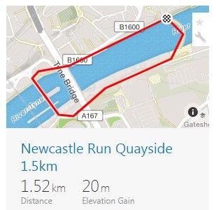 Route overview of the Newcastle Quayside Run 1.5km