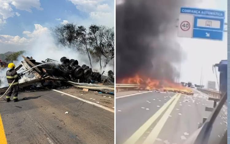Acidente mata motorista e deixa caminhão em chamas na BR-153; vídeo