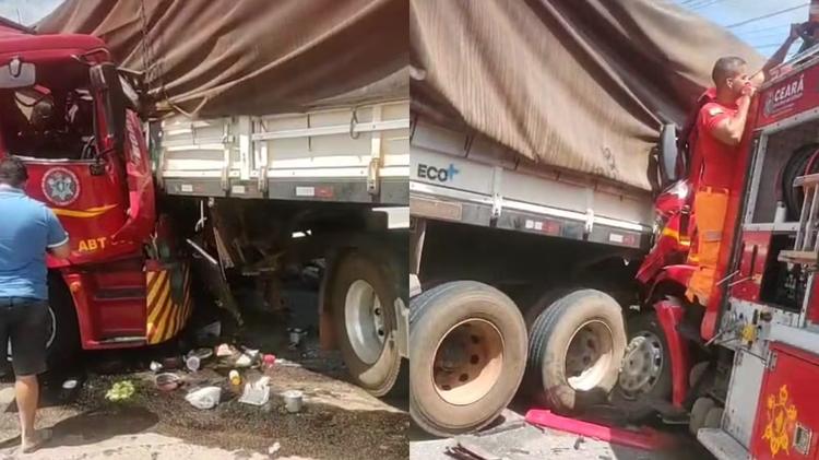 Carro do Corpo de Bombeiros colide com carreta, e militar é transferido de helicóptero para Fortaleza