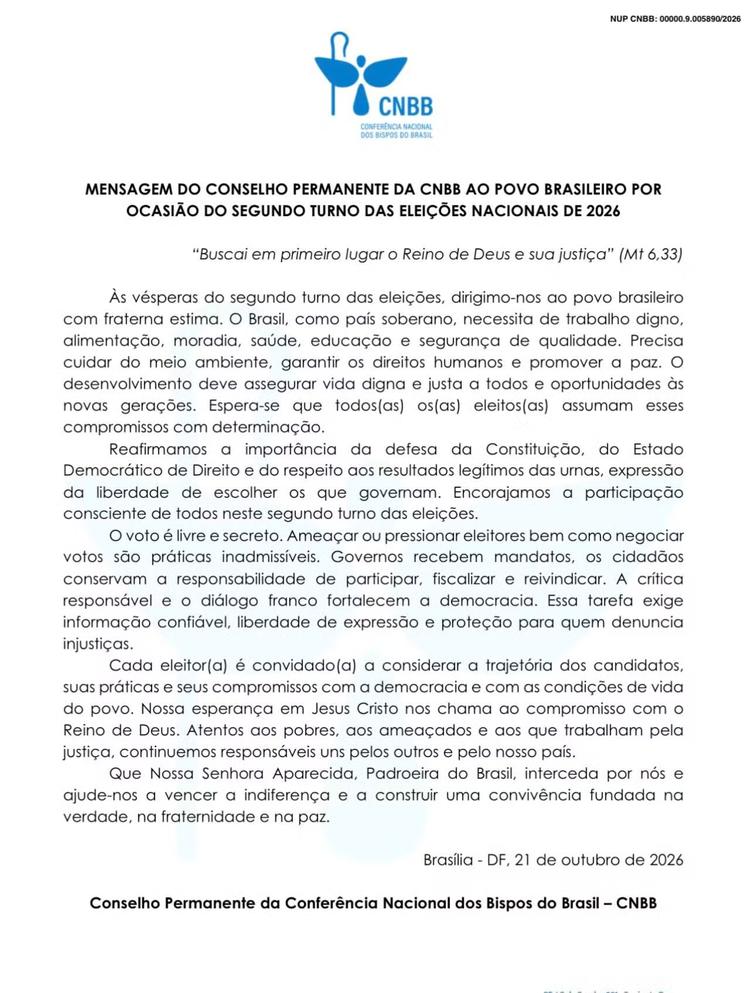 CNBB pede que eleitos nas eleições de 2026 rejeitem violência e desinformação e priorizem interesse público