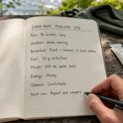 A hand writes in a notebook titled “Long-Run Fueling Log,” detailing essentials like run duration, weather, breakfast, fuel intake, fluids, energy, stomach comfort—providing valuable insights for marathon fueling and gut training—and includes a note to repeat and compare with the next run. Austin Marathon Half Marathon & 5K