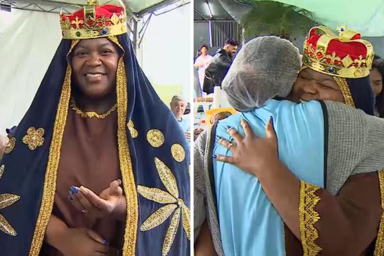 Vestida de padroeira, assistente social diz que ouviu Nossa Senhora Aparecida e voltou a ajudar romeiros na Dutra: 'Vai e faz'