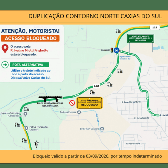 CSG BLOQUEIA ACESSO À ERS-122 PELA RUA IVALINO MIOTTI FRIGUETTO, EM CAXIAS DO SUL, A PARTIR DESTA QUINTA-FEIRA