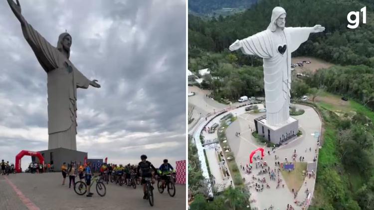 Mais de 600 ciclistas percorrem 52 km e passam por 12 monumentos religiosos em desafio de bike até o Cristo Protetor