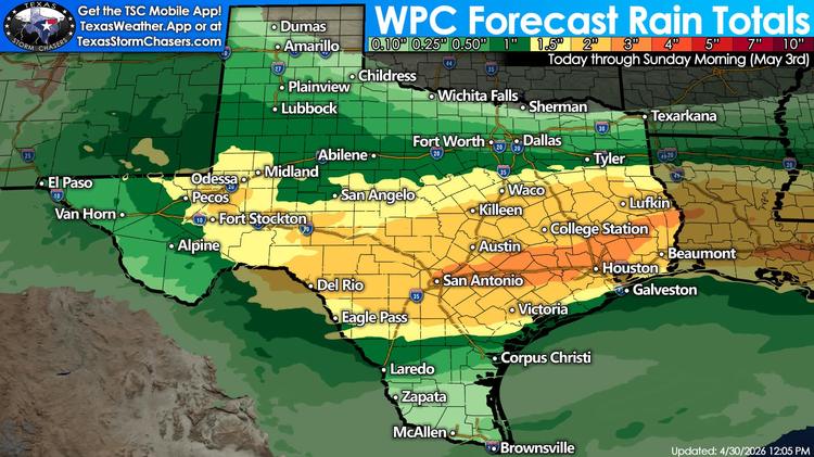 WPC forecast rain totals map for Texas through Sunday morning, May 3, showing widespread 1 to 4 inch rainfall amounts from West Texas into Central, South, East, and Southeast Texas.