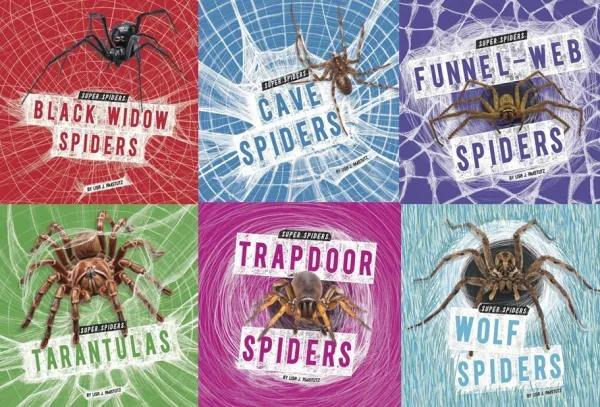 Collage of six book covers - all witha large image of a spider.