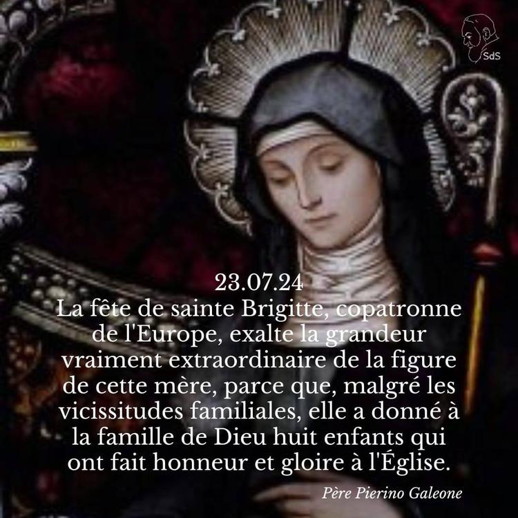 23.07.24
La fête de sainte Brigitte, copatronne de l'Europe, exalte la grandeur vraiment extraordinaire de la figure de cette mère, parce que, malgré les vicissitudes familiales, elle a donné à la famille de Dieu huit enfants qui ont fait honneur et gloire à l'Église.

Père Pierino Galeone