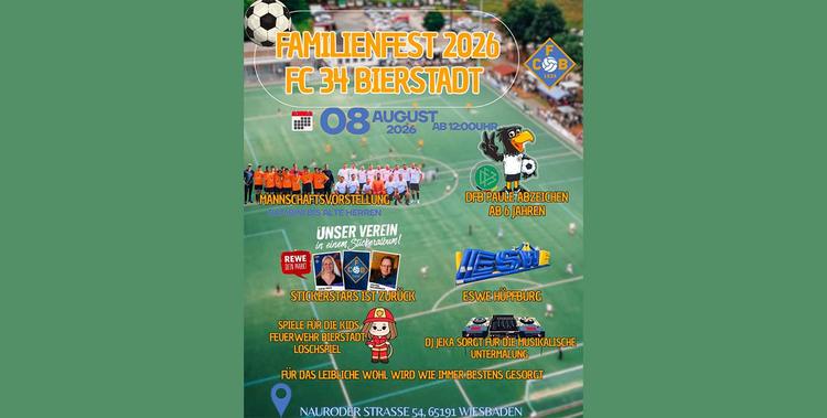  Flyer vom FC 1934 Wiesbaden-Bierstadt für das Familienfest am 8. August 2026 mit DFB Paule Abzeichen, Hüpfburg und vielem mehr