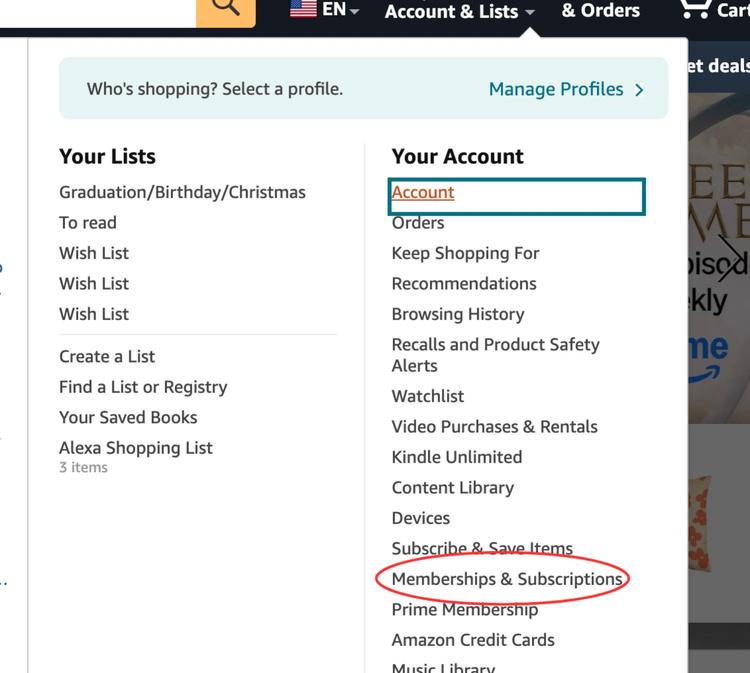 A screenshot of the memberships and subscription tab circled