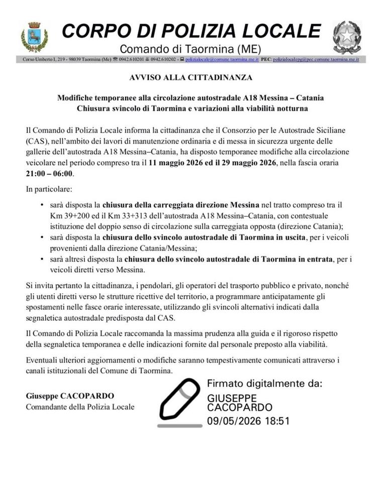 ⚠️ AVVISO ALLA CITTADINANZA Modifiche temporanee alla circolazione autostradale A18 Messina–Catania con chiusura dello s...