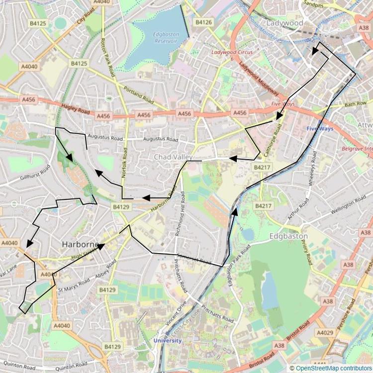 Route overview of the Harborne Walk
