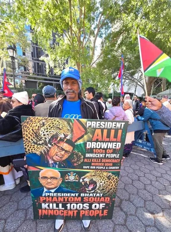 A WIN Guyanese party supporter with a clear message against the Guyana government outside the UN on Sept. 24, 2206. 