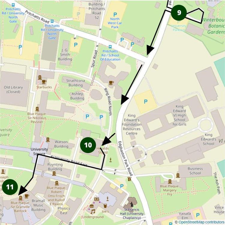 Part 9 of the Edgbaston Walk in Edgbaston Park passing the Winterbourne House and Botanical Gardens towards Birmingham University 