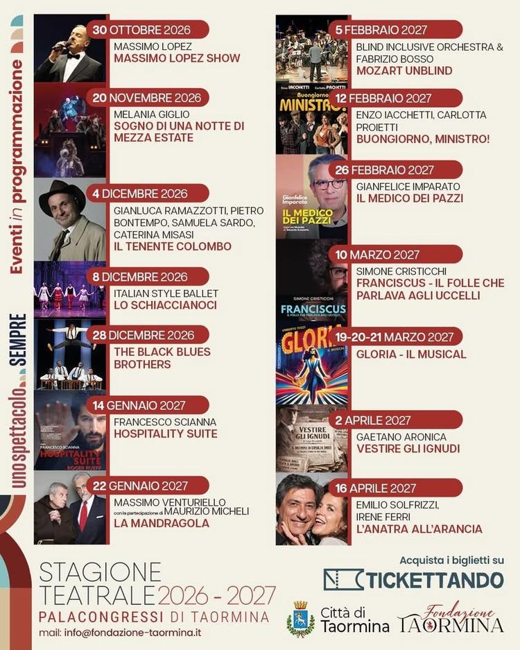 Una stagione. Quattordici appuntamenti. Un unico palcoscenico. Da ottobre ad aprile il Palacongressi di Taormina ospiter...