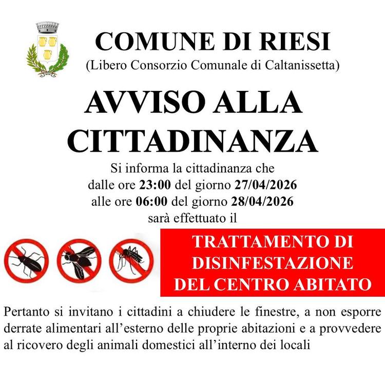 INTERVENTO DI DISINFESTAZIONE DEL CENTRO ABITATO Si avvisa la cittadinanza che dalle ore 23:00 di lunedì 27/04/2026 alle...