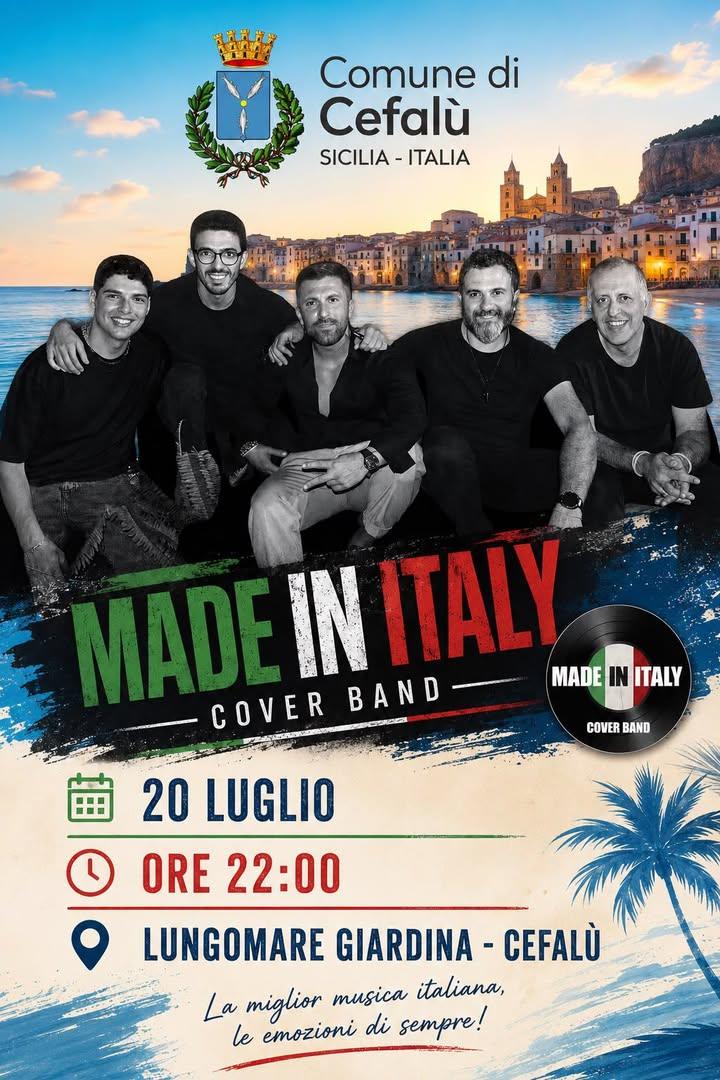 Cefalù Estate 2026 Lunedì 20 luglio Concerto live "Made in  Italy" Lungomare Giardina, ore 22:00 Ingresso libero