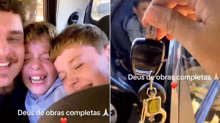 Pai viraliza ao emocionar filhos com carro novo na entrada da escola: 'Choro de felicidade'