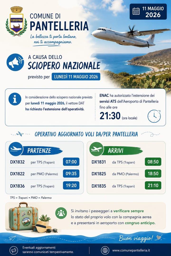 ✈️ AVVISO VOLI In occasione dello sciopero nazionale previsto per lunedì 11 maggio 2026, ENAC ha autorizzato l’estension...