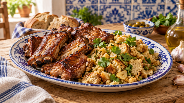 Migas à Alentejana com Entrecosto — Migas de l’Alentejo avec travers de porc