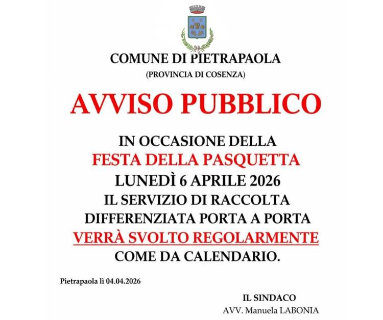 📢 AVVISO ALLA CITTADINANZA Il Comune di Pietrapaola informa i cittadini che, in occasione della Festa della Pasquetta,...