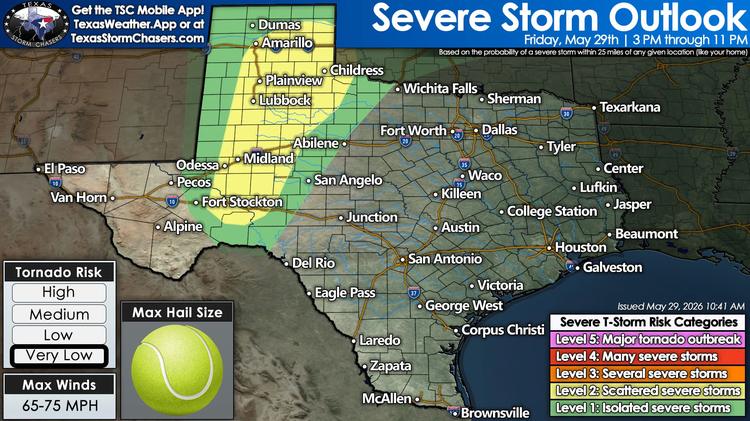 Severe storm outlook for Texas on Friday, May 29, showing isolated to scattered severe storm risk across parts of the Texas Panhandle, South Plains, Permian Basin, and West Texas.